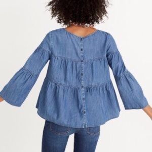 Madewell Chambray Tiered Top Ruffle Back Buttons Blue Sz XXS
